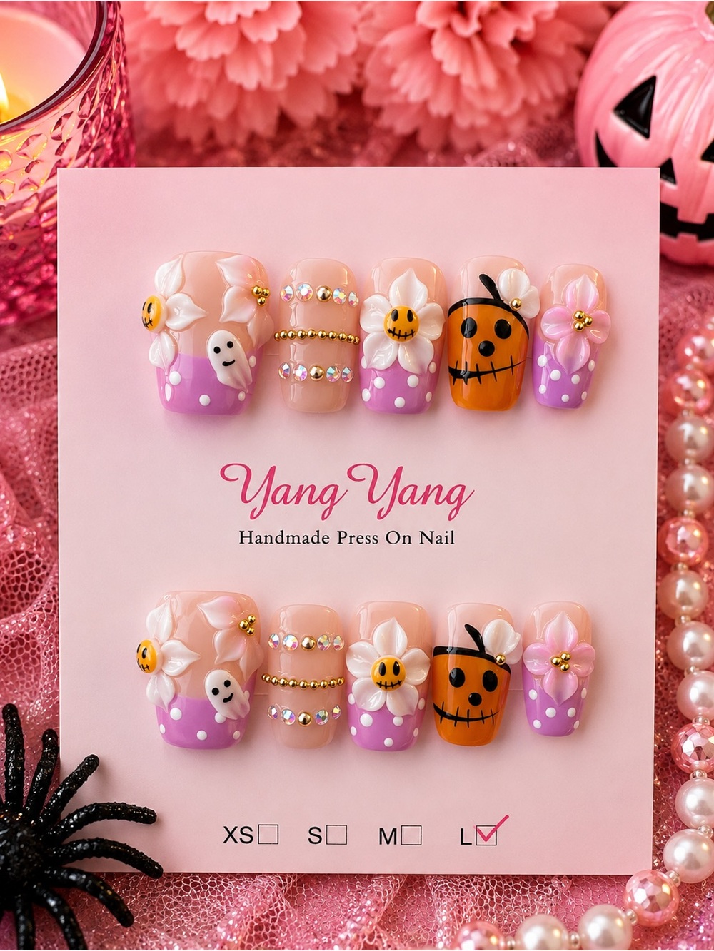 🎃🌸 Pink Floral Halloween Press-On Nails 🌸🎃